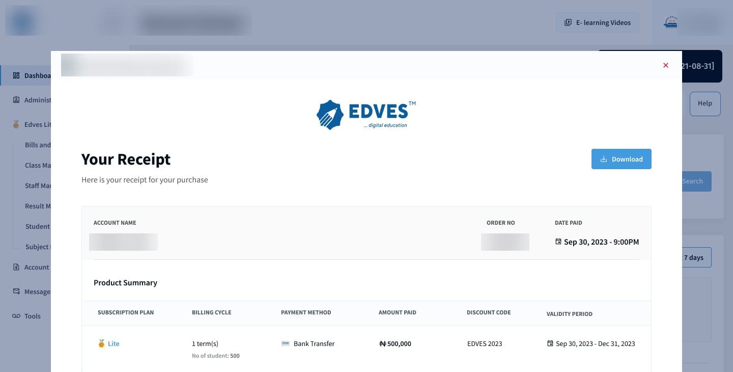 Edves Billing Manager receipt screen, school and account details redacted